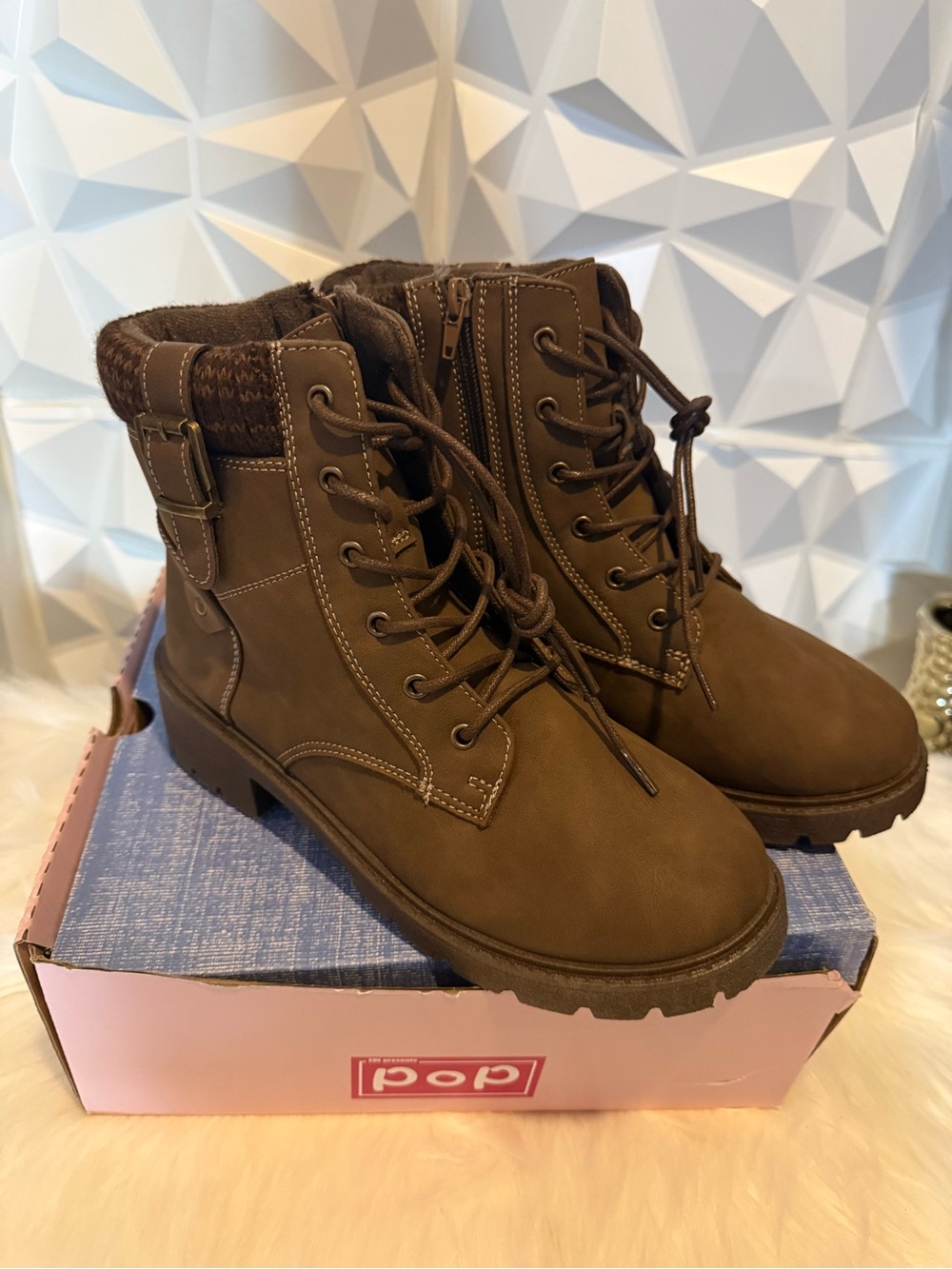 Pop Brown Lace-Up Knit Collar Combat Boots for Women